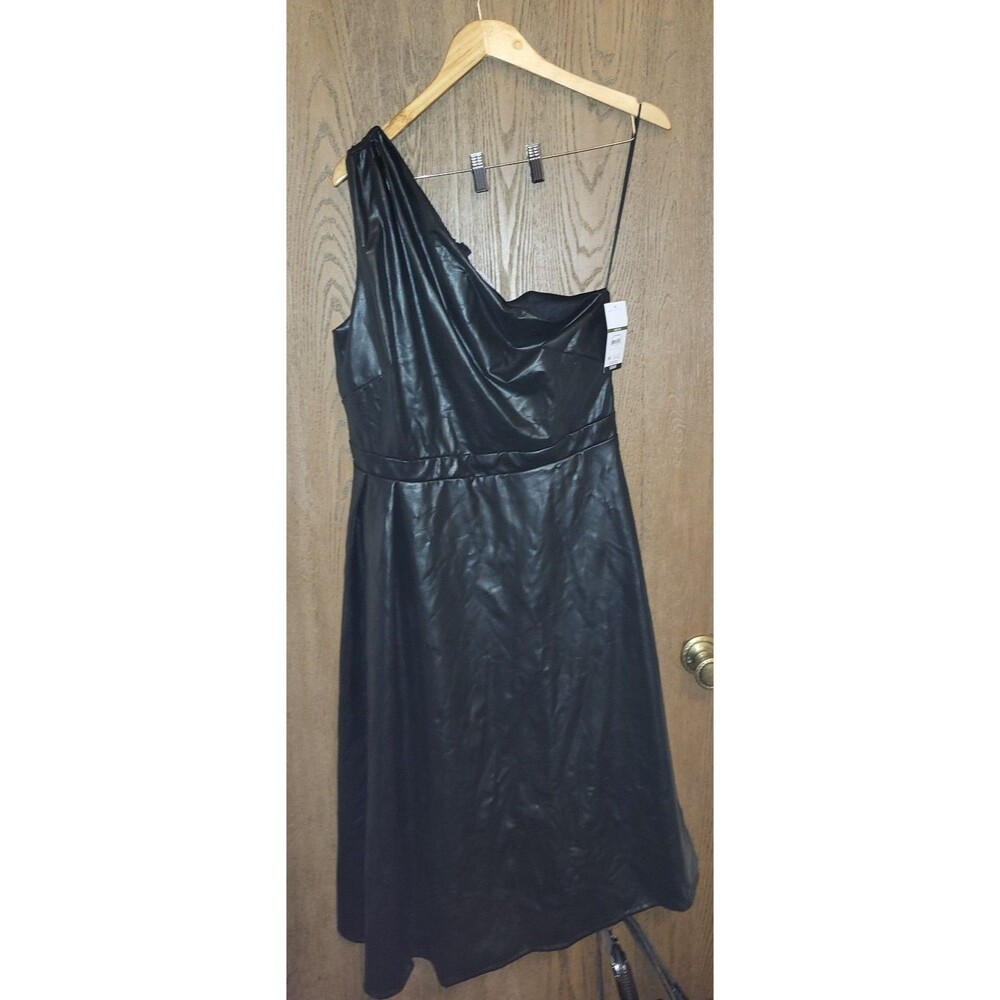 Sofia Vergara One Shoulder Black Faux Leather Fit and Flare Midi Dress Size XL